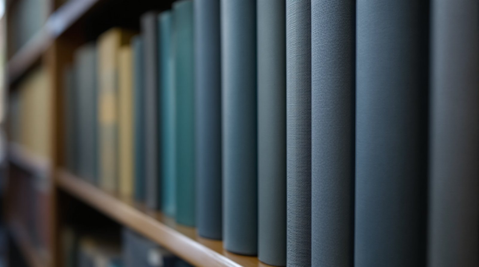 A library shelf of plain cloth-bound volumes in dark blue, green and grey, their spines unmarked